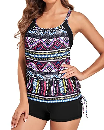 Strappy Double Up Tankini Top For Women With Tummy Control-Black Tribal