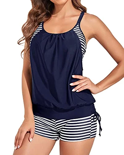 2 Piece Tummy Control Tankini Swimsuit For Ladies With Boyshorts-Blue And White Stripes