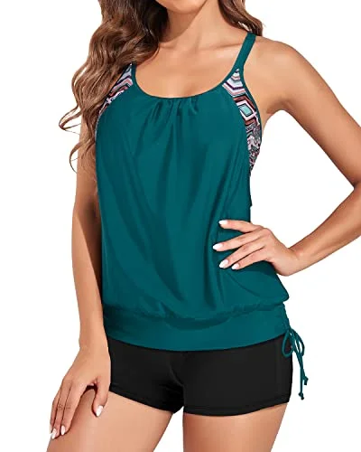 Strappy Two Piece Tankini Swimsuit For Women With Boy Shorts-Teal