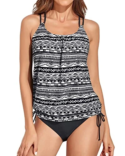 Blouson Tankini Bathing Suits For Women Tummy Control Swimsuits-Black Tribal