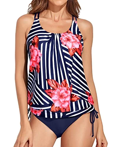 Criss Cross Back Blouson Tankini Tummy Control Swimsuit For Women-Blue Floral