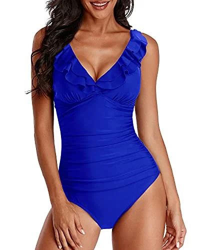 Flounce V Neck One Piece Swimsuits For Women-Royal Blue