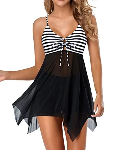 Women Mesh Flowy Tankini Top With Boyshorts Swimdress Swimsuits-Black And White Stripe