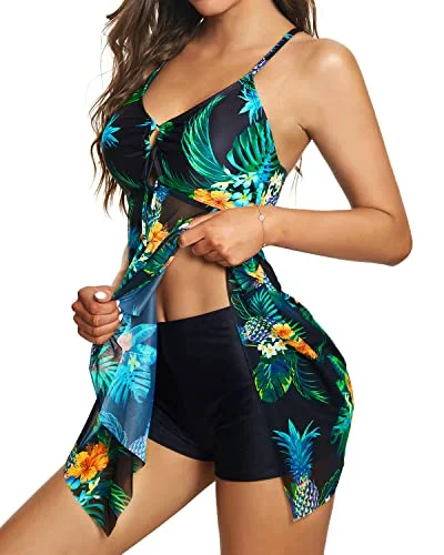 Tummy Control High Waisted Boy Shorts Two Piece Swim Dress-Black Pineapple