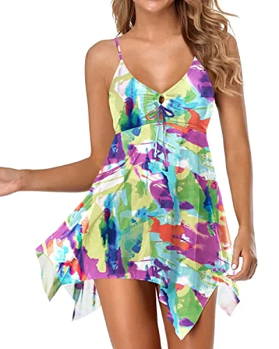 Women Full Coverage Non See Through Two Piece Swim Dress-Color Tie Dye